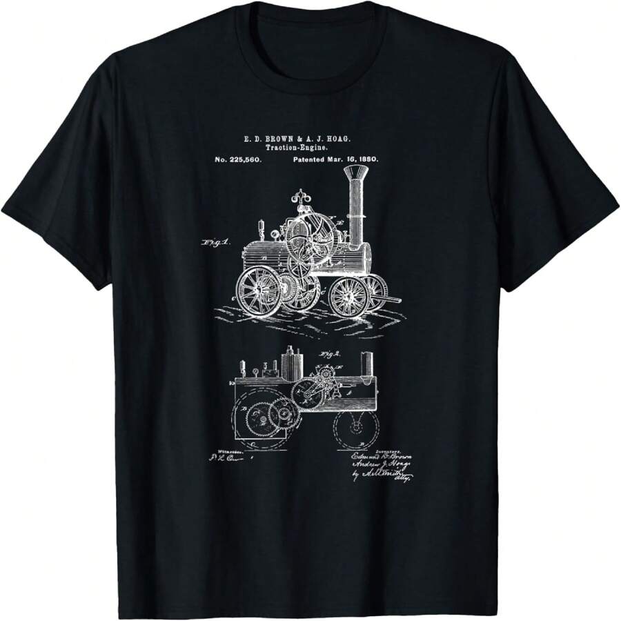 Vintage Patent Print 1880 Steam Traction Engine Tractor T-Shirt - 黑色 - 查看 1
