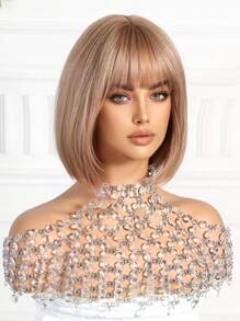 自然舒适的短款直发假发，金色刘海，12 英寸合成耐热纤维，非常适合日常佩戴，逼真的假发。