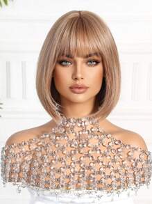 自然舒适的短款直发假发，金色刘海，12 英寸合成耐热纤维，非常适合日常佩戴，逼真的假发。