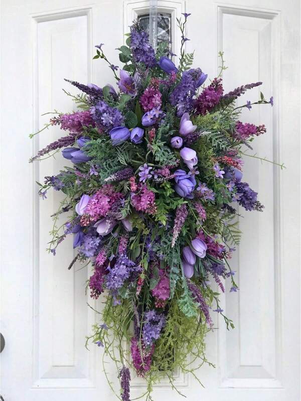 1 peça, guirlanda de tulipas de primavera de 17,72 polegadas com design lilás, jacinto e lavanda, ideal para pendurar na porta da frente, decoração de parede, festa de casamento, decoração ao ar livre, flores artificiais, decoração para casa