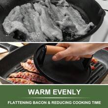 Cast Iron Flat Press Griddle Steak/BBQ Grill Square/Round Striped/Lattice, No Coating With Wooden Handle - Black - View 4