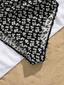1 peça de maiô feminino floral jacquard tecido especial praia peça única, para férias de verão - Preto e Branco - Ver 6