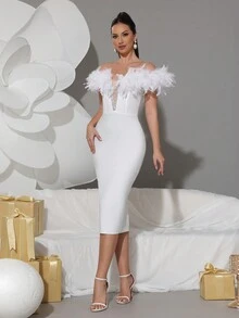 Modphy 人造羽毛性感女款V領露肩露背中長洋裝 優雅女式正式宴會派對洋裝 白色夏季 - 白色 - 查看 5