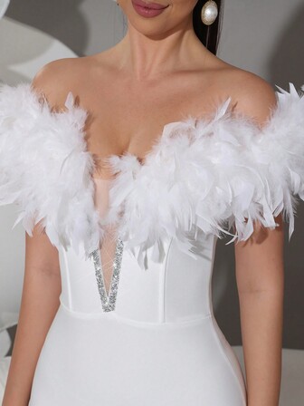 Modphy Feather Decor Seksowna damska sukienka midi z dekoltem w serek i odkrytymi ramionami, elegancka damska sukienka na święta, gość weselny, druhna, formalna suknia na przyjęcie