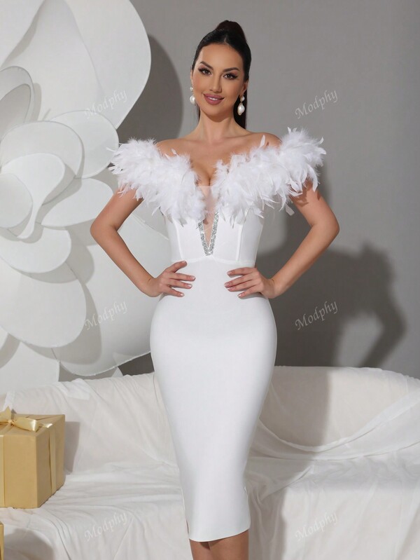 Modphy Feather Decor Sexy Women's V-Neck Open Shoulder Backless Bandage Midi Dress, Elegant Lady's Holiday, Wedding Guest, Bridesmaid, Formal Party Event Gown