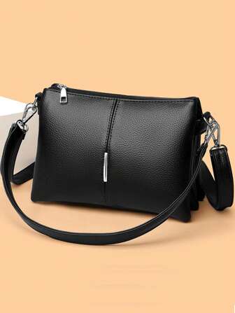 Soft Leather Square Crossbody Bag, 3-Layer Large Capacity Shoulder Bag, Fashion Simple Commuter Handbag For Women