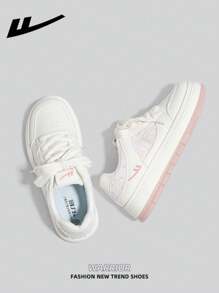 1 Pair WARRIOR Women's Lace-Up Design Pink Skateboard Shoes, Low-Top Leisure Shoes, Outdoor Flat Shoes, Versatile Lightweight Skateboard Inspired Athletic Shoes, Fashionable And Comfortable Canvas Sneakers For Women With Thick Soles And Street Style - Baby Pink - View 4