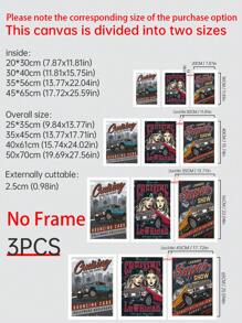 3pcs Car & Figure Graphic Unframed Painting - Multicolor - View 2