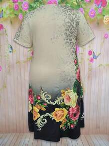 Plus Size Popular Floral 3D Digital Print Vacation Dress, Round Neck For Women Casual Summer Elegant - Apricot - View 2