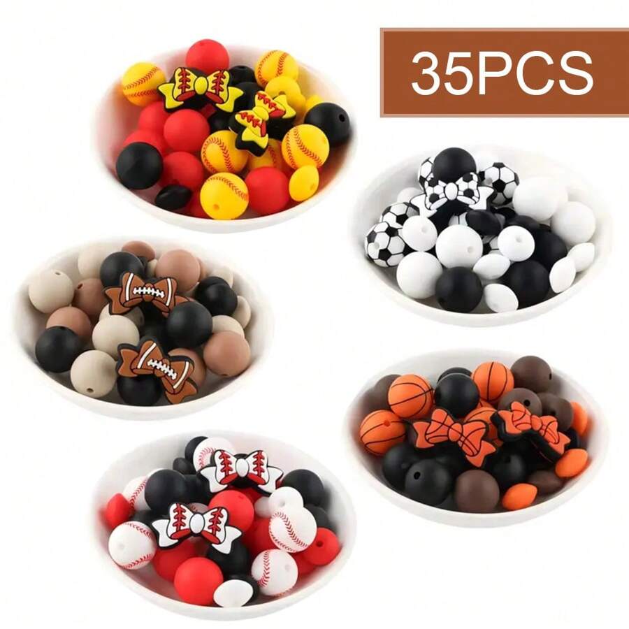 5pcs/15pcs/35pcs/87pcs Silicone Beads, Basketball, Soccer, Baseball, Rugby Designs, DIY Jewelry Making, Handicrafts And Sewing Supplies, Multi-Color, Decorative Beads For Arts And Crafts - Ball Sports Silicone Bead Set - View 1