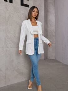 Women's Elegant Lapel Striped Casual Jacket - 白色 - 查看 4
