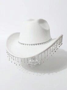 1 peça chapéu de cowboy ocidental com borla de gota d'água e coração de cor sólida, decoração de strass, chapéu de viagem casual, adequado para festa/casamento/performance de palco, presente de dia dos namorados