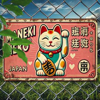 1pc Vintage Feng Shui Maneki Neko Metal Wall Decor Sign, 8" X 12" Iron Plaque Art For Home, Bar, Cafe, Kitchen Decoration - Country Garden Outdoor Motivational Plaque - Japanese Theme Wall Hanging,Home Decor ,Room Decor,Wall Decor Gifts Birthday Graduation