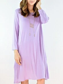 Boho Retro Solid Rayon Cool  Color Mini Dress Short Sleeves Grey Charcoal Olive Navy Small To 3XL Plus Curvy - 紫丁香色 - 查看 2