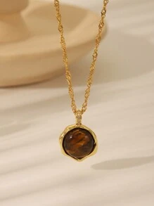 1 pieza Collar colgante de acero inoxidable con gema vintage marrón, collar con colgante ovalado con forma de sol y corazón chapado en oro con rhinestones, adecuado para uso diario o festivales, regalo de joyería para mujeres