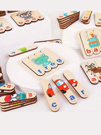 木制拼图玩具，创意动物拼图玩具，双面图案和文字拼图创意英语学习游戏