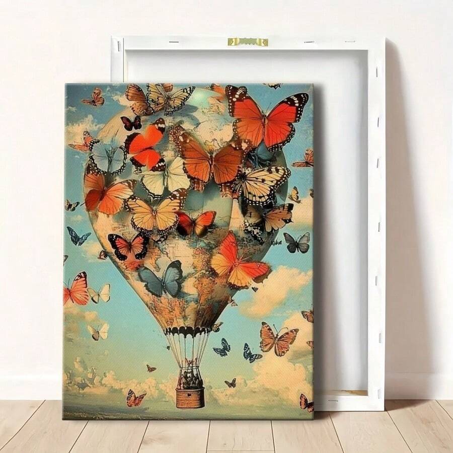 1pc Wrapped Frame Canvas Wall Art Print Hot Air Balloon With Butterflies Vintage Canvas Classic Oil Painting Art Home Decor For Living Room, Bedroom, Office - Wrapped Frame - View 1
