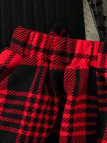 Girls Solid Color Panel Heart Net Mesh Long Sleeve Top + Bowknot Plaid Skirt Set