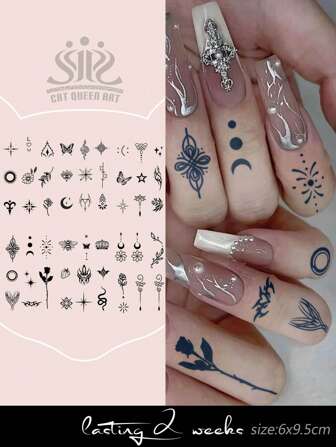 6pcs/Set Herbal Fruit Juice Semi-Permanent Combo Tattoo Stickers, Mini Butterfly Heart Diamond Pentagram Flower Moon Couple Style, Daily Party Festival Gift, 14days Non-Fading Non-Reflective, Suitable For Wrist, Finger, Behind Ear, Shoulder, Neck, Collarbone Temporary Tattoo Stickers