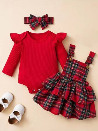 Babyflickor med kort ärm, ribbstickad enfärgad body + rutig klänning med tryck och knappar, 2 delar set
