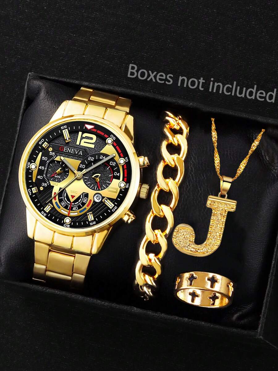 1 set comprenant une montre d'homme décontractée avec bracelet métallique et calendrier, un collier avec lettre J, un bracelet et une bague décorée d'une croix