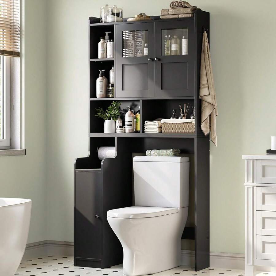 Over The Toilet Storage Cabinet, Over Toilet Bathroom Organizer With Glass Doors And Toilet Paper Holder Stand, Bathroom Toilet Rack