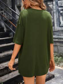 Customized Text + Image Women's Loose T-Shirt, Personalized Pattern Design, Upload Your Family/Friends/Couples/Pets Photos, Birthday/Anniversary - Army Green - View 5