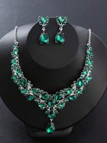 夸张时尚水晶项链耳环套装，金属全镶钻石，适合新娘婚纱、晚礼服配饰