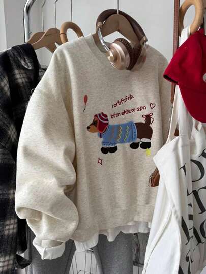 休闲女式腊肠犬图案印花宽松圆领长袖运动衫