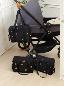 1pc Cute Embroidered Solid Black Mommy Bag With Pockets, Dual Hooks For Stroller, Portable Diaper Bag For Feeding Supplies, Suitable For All Seasons - Black - View 10