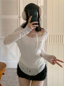 韩版时尚大圆领修身破洞针织衫设计感露肩系带蝴蝶结长袖毛衣女士外出休闲可爱