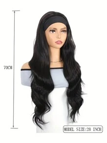 28英寸女士波浪卷发带假发，黑色，耐热合成纤维，全机织，适合日常佩戴 - 黑色 - 查看 6