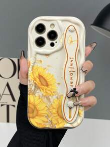 夏季手机壳 1 件时尚腕带向日葵印花加厚防震手机壳带支架功能，兼容苹果和手机防水防摔防刮