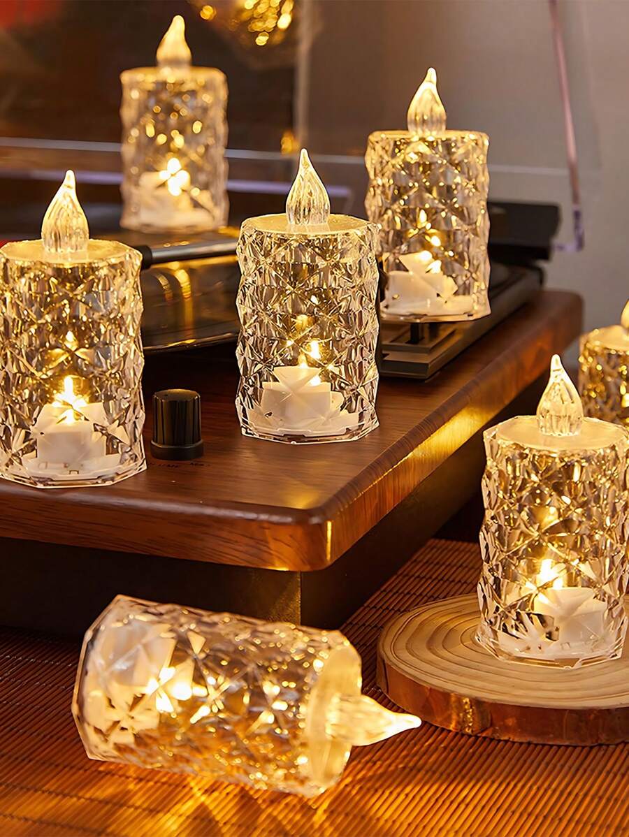 12 piezas de velas de cristal sin llama, velas con forma de diamante sin llama de 3.15" X 1.4", velas LED con pilas de luz cálida blanca, adecuadas para decoración interior, decoración del Día de San Valentín, decoración de fiestas de cumpleaños, bodas, decoración de mesas de comedor, regalo del Día de la Madre, regalo, decoración de despedida de soltera, suministros para fiestas de graduación, decoración y recuerdos de despedida de soltera, recuerdos de fiesta de ducha nupcial, recuerdos de invitados de boda