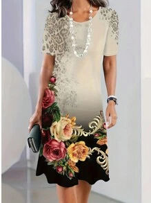 Plus Size Popular Floral 3D Digital Print Vacation Dress, Round Neck For Women Casual Summer Elegant - Apricot - View 1