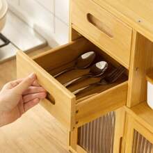 HOHOBLA Bamboo Countertop Storage Cabinet With 2 Small Drawers, Freestanding Pantry Sideboard With Acrylic Doors Wooden Color Dining Cupboard For Kitchen Dining Room Living Room - 木材顏色 - 查看 4