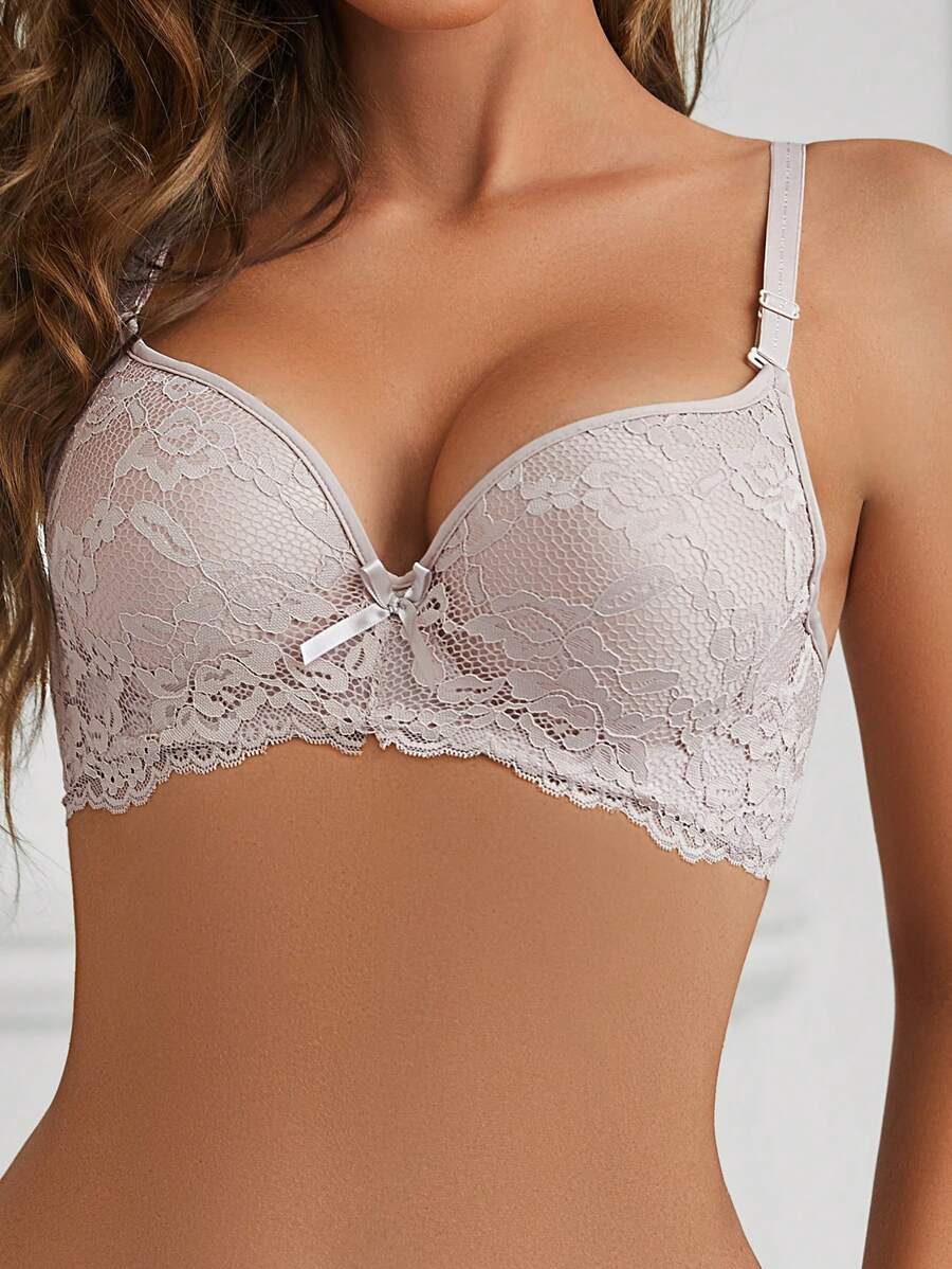 Women's Floral Lace Padded Sexy Bra, Minimalist Fashion For Casual Daily Wear - Khaki - View 1