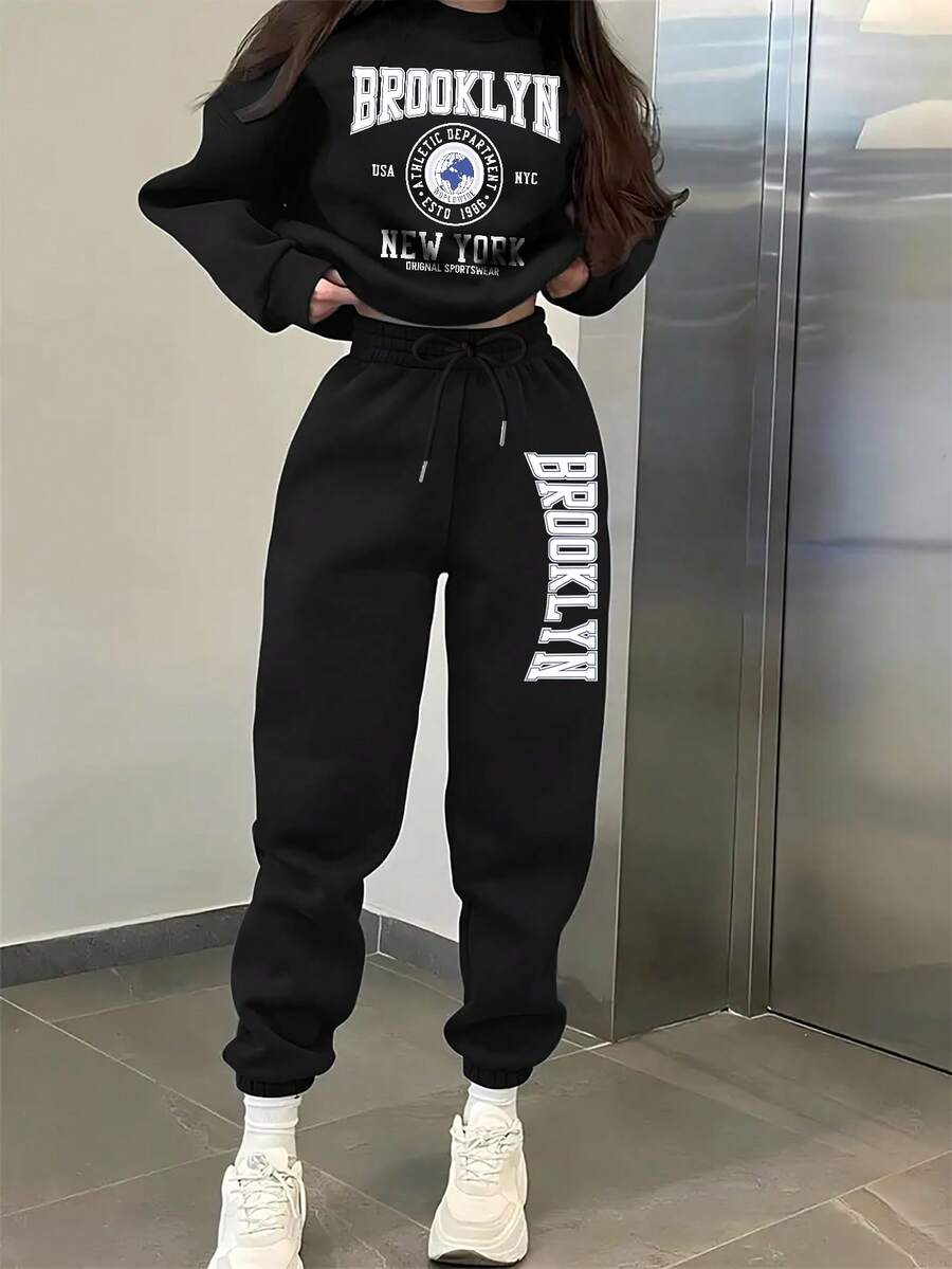 Women's Two-Piece Crewneck Hoodie And Sweatpants Two-Piece Suit For Autumn And Winter Season Comfort Home, Sports And Leisure Fleece Sweatshirt Sweatpants Brooklyn Print Simple Letters New York