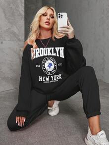 Women's Two-Piece Crewneck Hoodie And Sweatpants Two-Piece Suit For Autumn And Winter Season Comfort Home, Sports And Leisure Fleece Sweatshirt Sweatpants Brooklyn Print Simple Letters New York