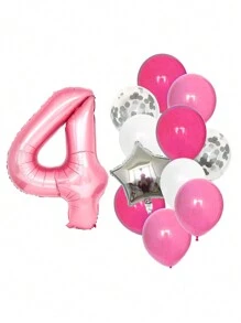 13pcs Aluminum Digital Latex Balloons Number Combination, Birthday Party Decoration Balloons, Home Decoration Balloons - Pink - View 9