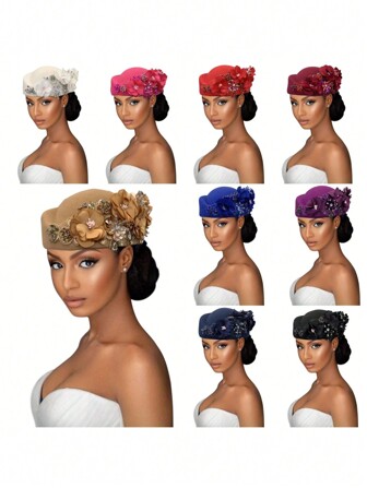 1 件时尚毡头巾帽，女士药盒帽，德比帽，迷人帽子，带花朵装饰，优雅女士茶会帽，复古贝雷帽，饰有水钻，时尚软呢帽，适用于角色扮演服装配饰，适用于婚礼派对女士礼物 2024 新款。