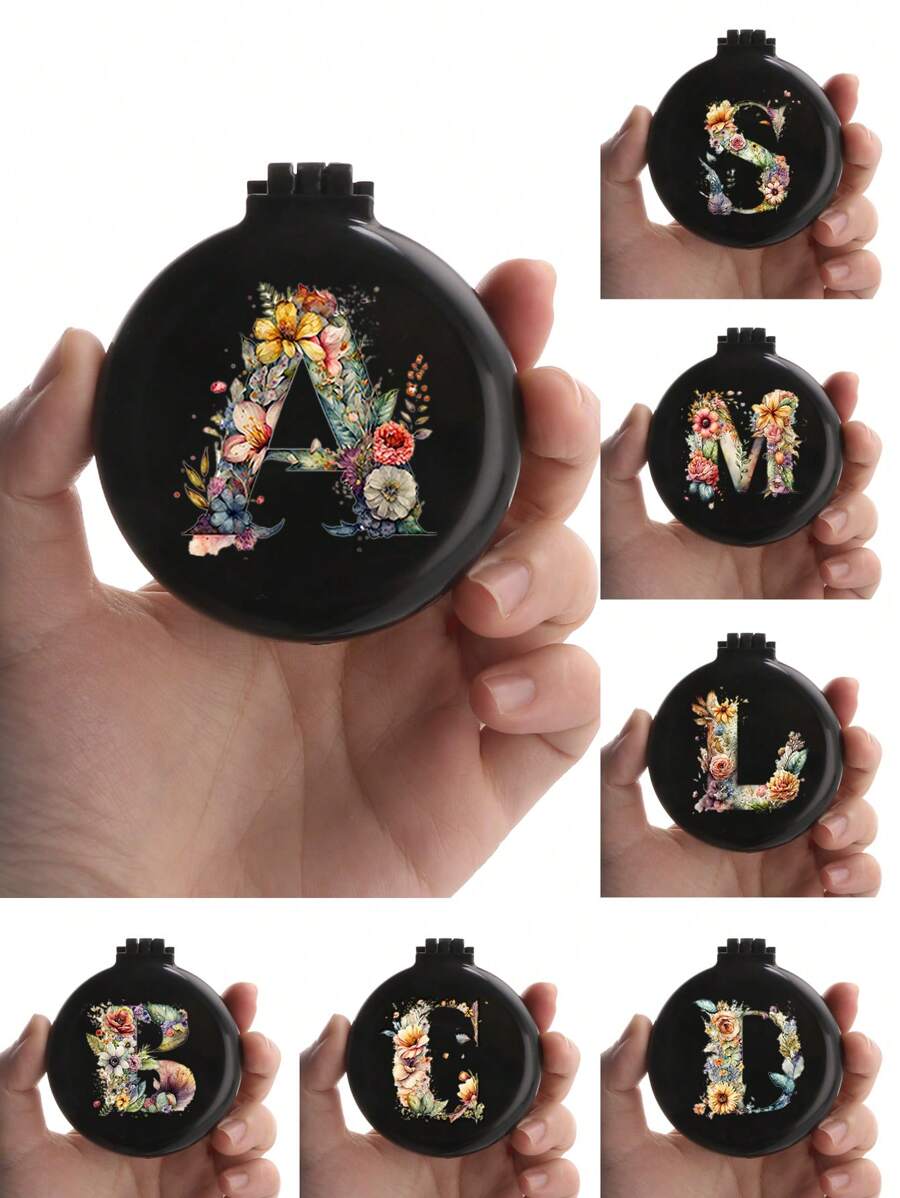 1 buah Sisir Mini Eksklusif Pernikahan Motif Bunga 26 Huruf yang Lucu, Sisir Mini Bantalan Udara yang Ringkas dan Portabel dengan Pijat Kantung Udara Lipat, Cermin Terintegrasi, Penting untuk Perjalanan dan Berkemah - Hitam - View 1