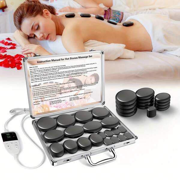Hot Stone Massage Kit mit Temperatureinstellung - 20 Stück Basalt Hot Stone mit Heizung Kit, Professional Spa Massage Tool - Lymphdrainage, lindert Verspannungen und Muskelschmerzen