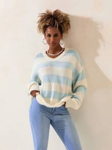 Women's Loose One-Shoulder Long-Sleeved Off-Shoulder Sweater Striped Knit Color Casual Pullover - Màu xanh da trời - Xem 7