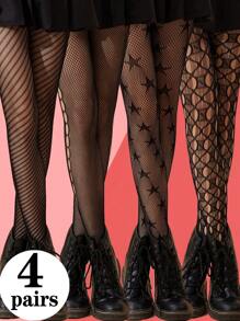 4 Pairs Of Line Star Hole Sexy Ladies Fishnet Stockings