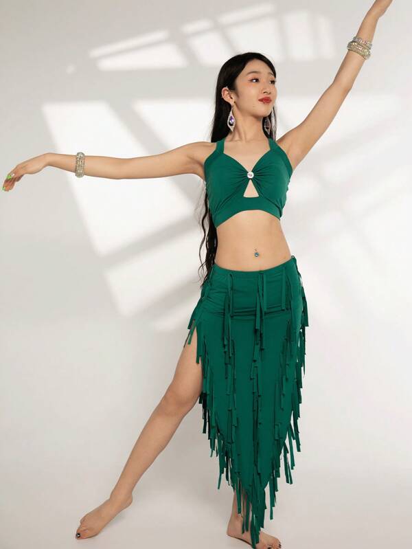 Belly Dance Costume Suit For Women Top+Tassel Skirt 2pcs Oriental Belly Dancing Performance Professional Costumes Set