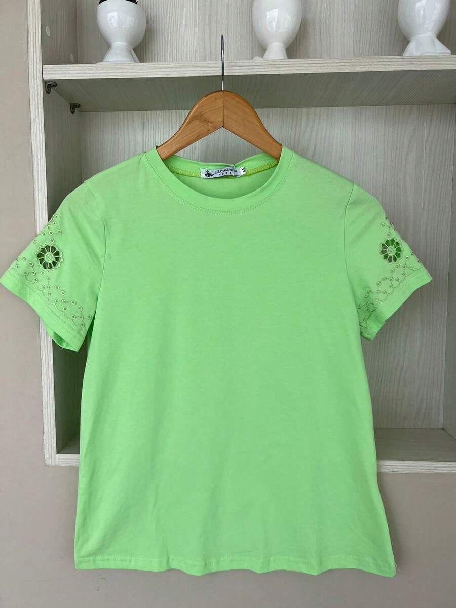 Women's Summer 2025 Short Sleeve Embroidered Cotton Blouse T-Shirt - 薄荷綠 - 查看 1