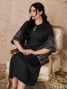 ASBB 重工刺繡金色阿拉伯女款 JALABIYA 連衣裙，附流蘇 V 領與帽子，黑色優雅禮服，2026 秋季度假派對休閒穿搭 - 黑色 - 查看 8
