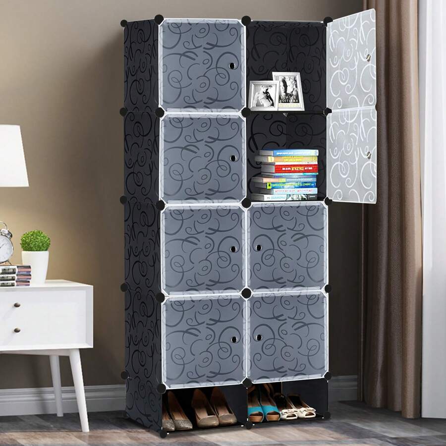 YARDIN Wardrobe Multi-Purpose Cabinet DIY Shelving System Cabinet, Plastic Wardrobe Cabinet Bedroom Cabinet With Door, Plug-In Shelf Storage Dustproof - 8個骰子和鞋櫃 - 查看 1
