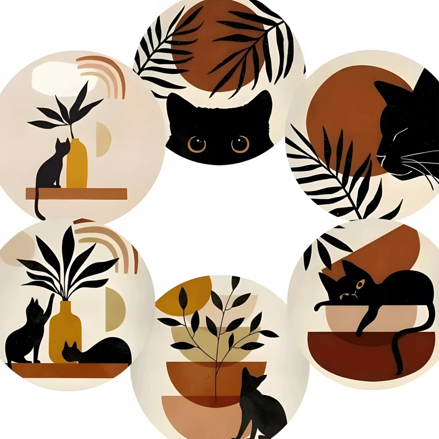 6pcs Vintage Style Cartoon Black Cat Pattern Coasters, 3.94 Inch/2mm Thick Soft Rubber Round Absorbent Drink Coasters, Non-Slip Backing, Suitable For Cups, Home Kitchen Dining Table Decoration - Multicolor - View 1